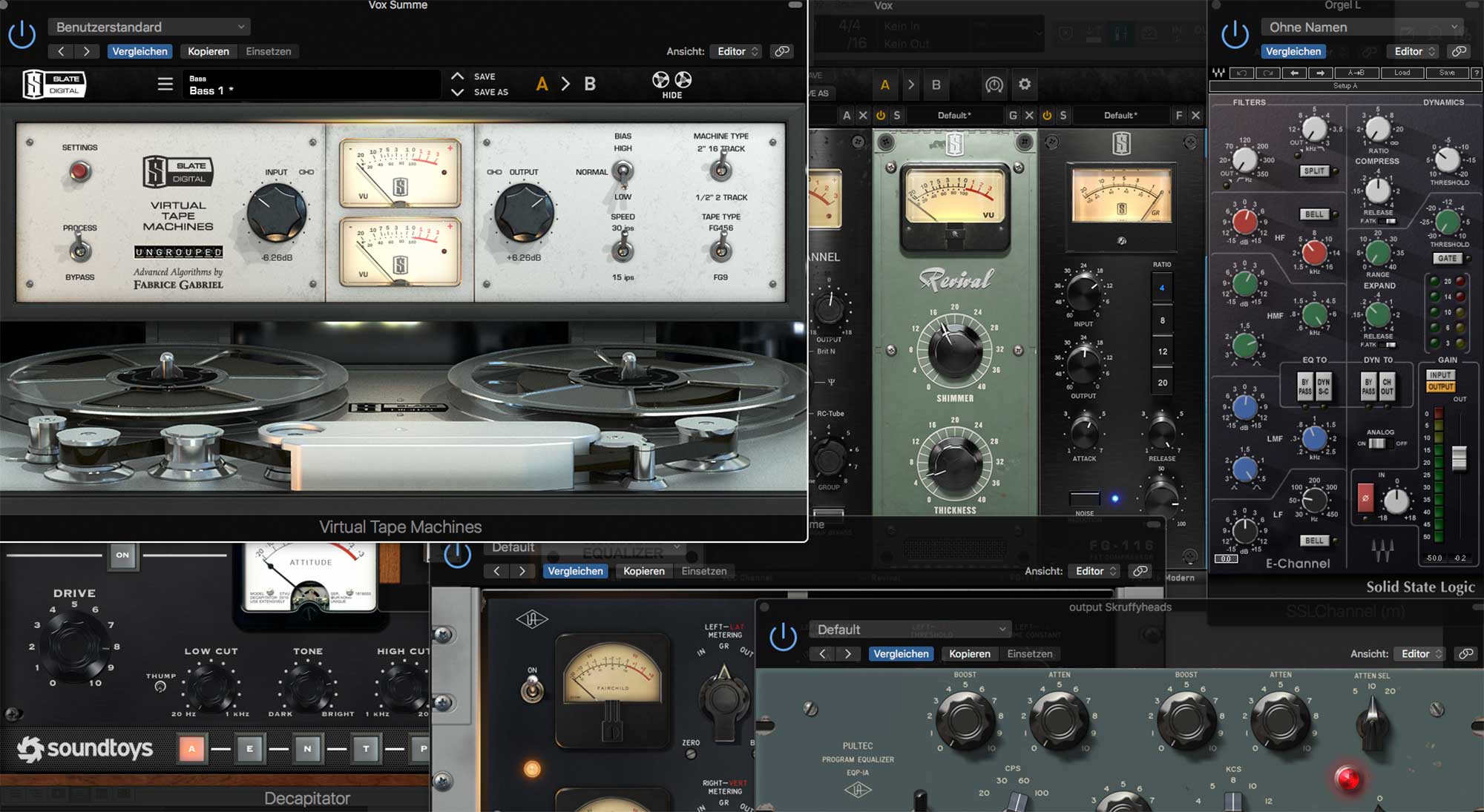 Monitor mit abgebildeten Plugins von Soundtoys, UAD, Waves, Spl und Slate Digital