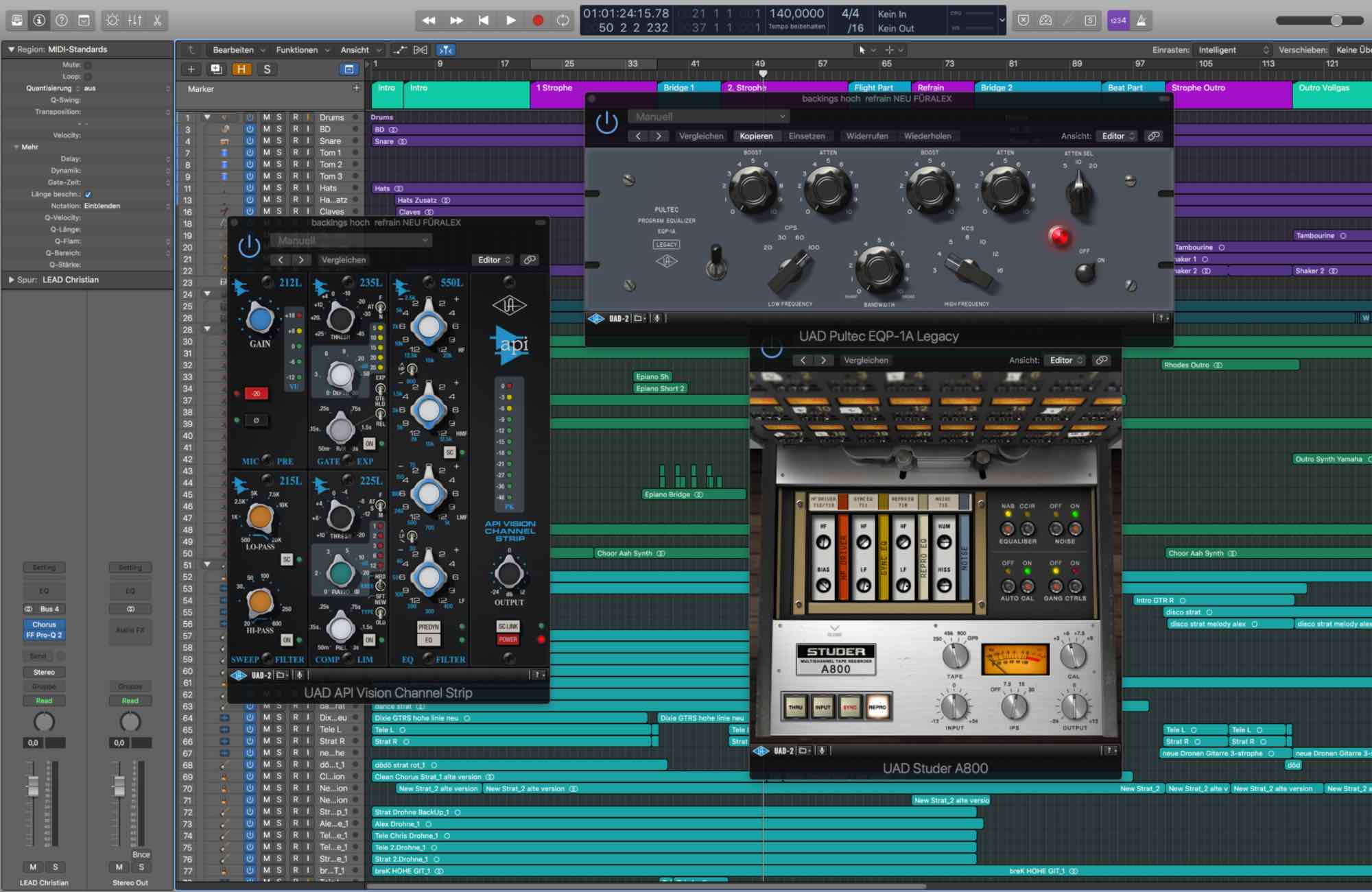 Oberflaeche von Logic Pro X mit Arrangierfenster und Plugins